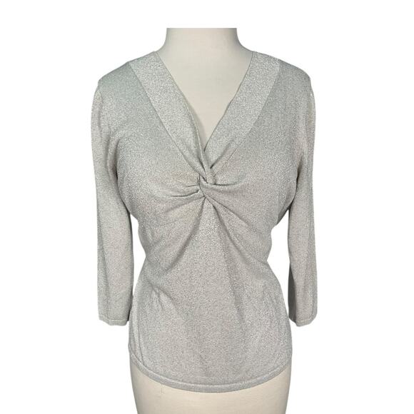 August Silk Silver Metallic Knit Top Large V Neck 3/4 Sleeve Holiday Party Lux - Picture 1 of 11